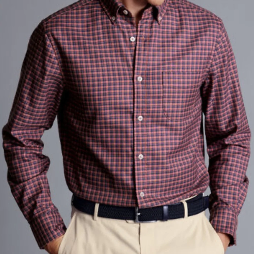 Charles Tyrwhitt Collar Gingham Check Shirt Maroon Red M NWT IN PACKAGING